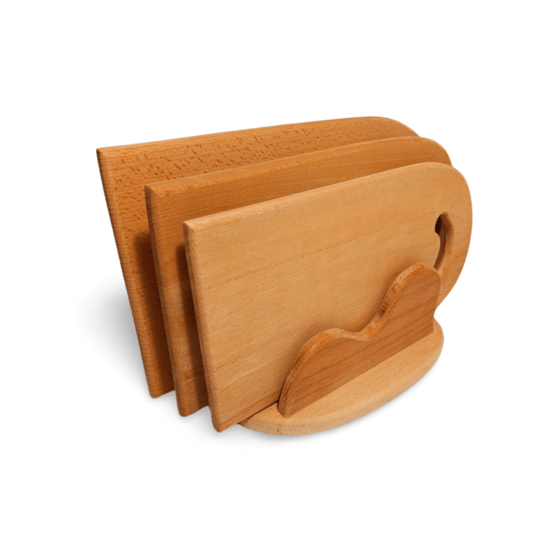 Set of cutting boards with stand.